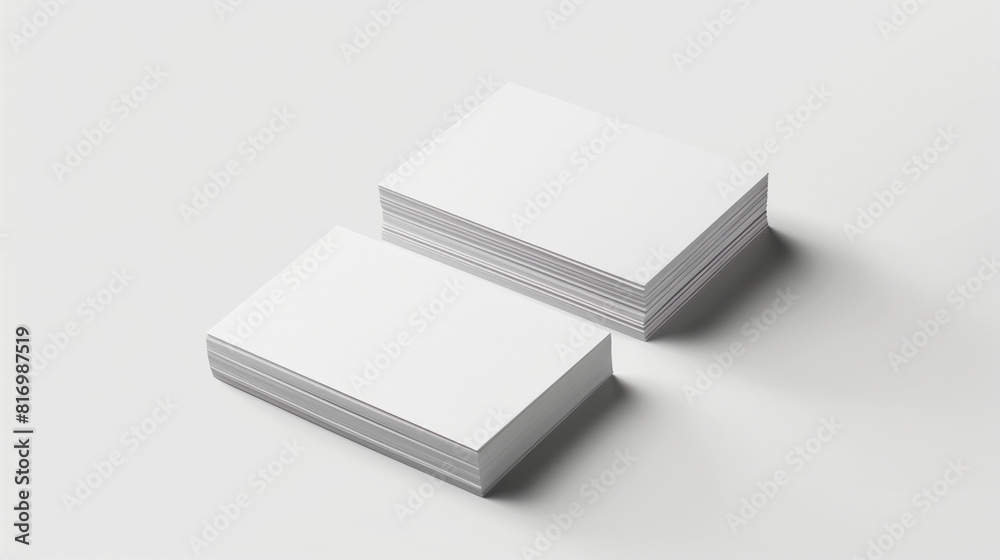 Two stacks of blank business cards on a clean white background, perfect for showcasing designs or logos in a professional and minimalistic style. Two stacks of blank business cards on a clean white background, perfect for showcasing designs or logos in a professional and minimalistic style.