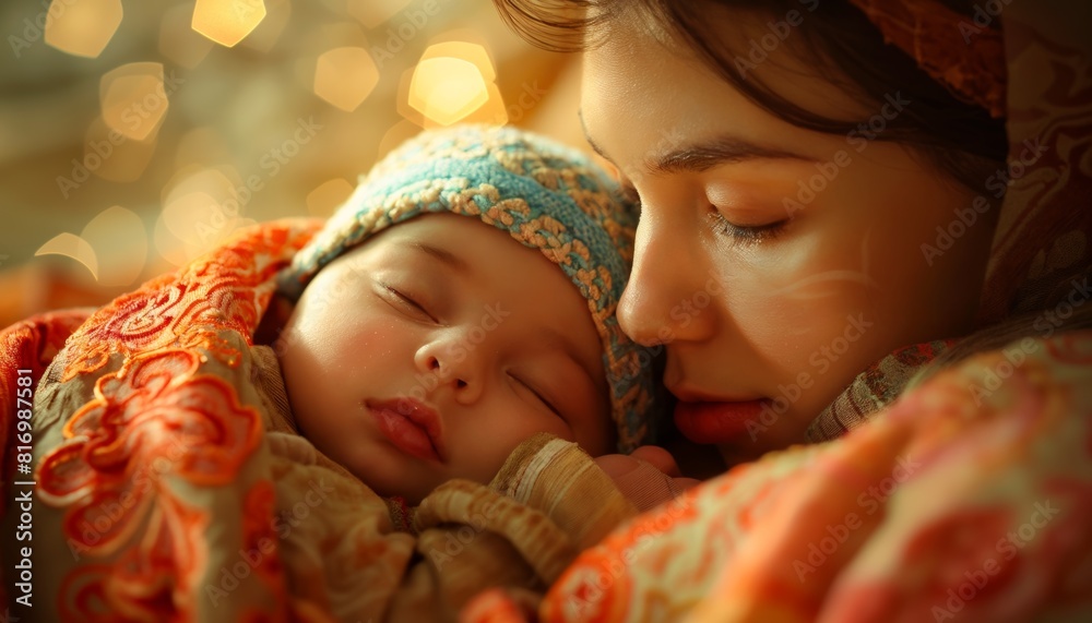 An infant dreamily slumbering on mom's chest, their hearts beating in perfect unison. An infant dreamily slumbering on mom's chest, their hearts beating in perfect unison.