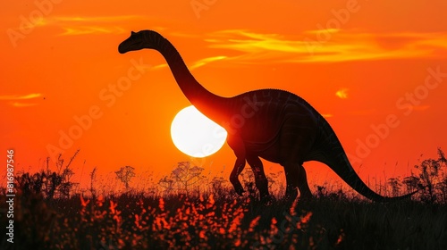 Brachiosaurus walking in sunset field. Tall dinosaur in orange sky. Silhouette view. Tall grasses, ancient setting. Peaceful, majestic atmosphere. Prehistoric wildlife scene. © Thaniya