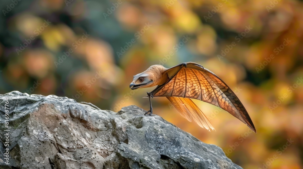 Obraz premium Small pterodactyl perched on rocky outcrop with wings partially open, ready to take flight. Warm orange and brown tones highlight its detailed features. Background features blurred autumn foliage...