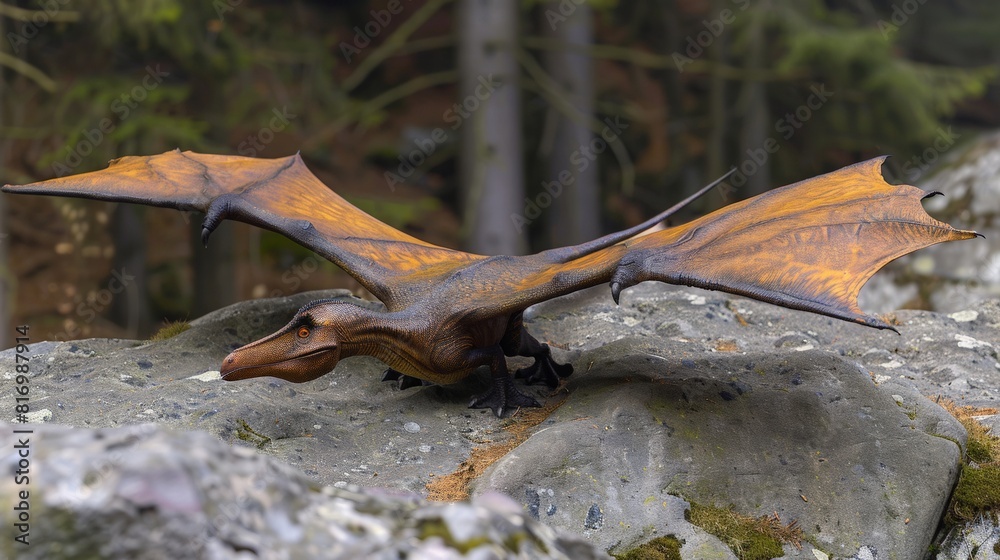 Fototapeta premium Pterodactyl with dark orange wings crouching on rocky ground, ready to launch into flight. Detailed texture and colors its prehistoric nature. Background features forested environment, adding depth.