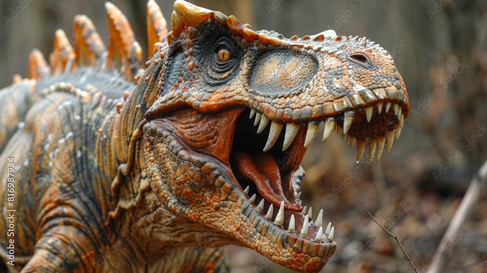 Obraz premium Close-up of Spinosaurus head with wide open jaws. Sharp teeth and detailed reptilian scales. Captures ferocity and realism of prehistoric predator. Intense, lifelike scene.