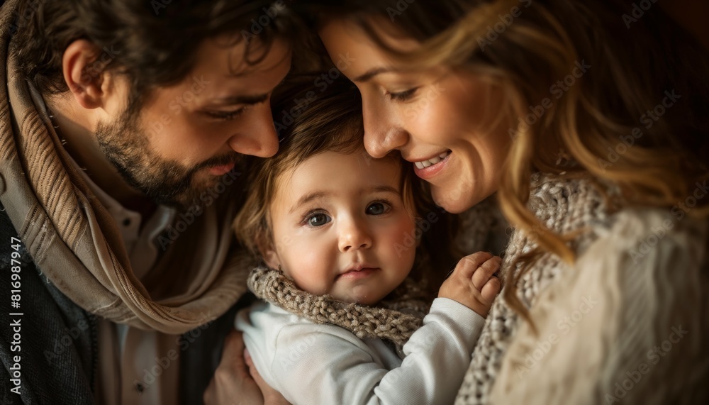 A mother and father in awe, studying every perfect detail of their newborn son's tiny face. A mother and father in awe, studying every perfect detail of their newborn son's tiny face.