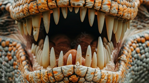 Close-up of Ankylosaurus teeth. Detailed view of sharp, jagged teeth with textured scales surrounding. Captures ferocity and realism of prehistoric predator. Intense, lifelike detail. photo