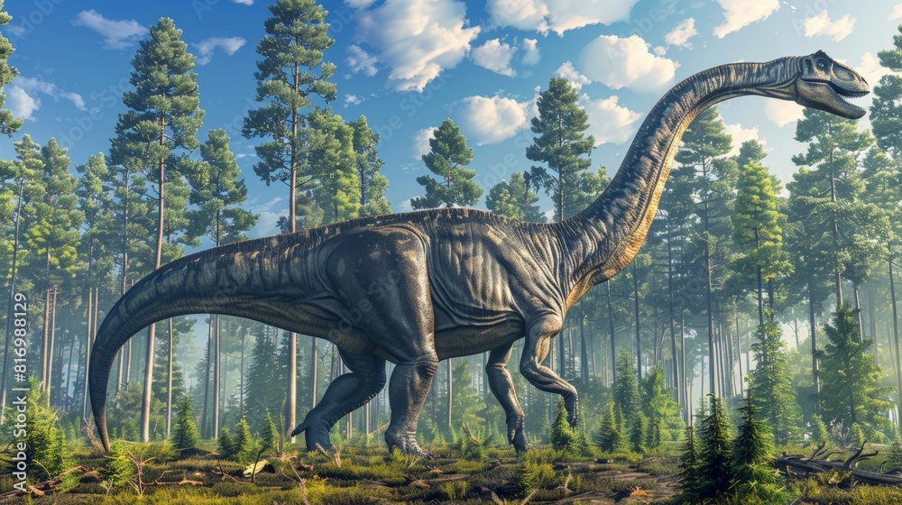 Majestic Diplodocus walking through dense forest with tall trees and blue sky. Massive dinosaur with intricate skin details in vibrant, natural surroundings. Prehistoric scene full of life. Majestic Diplodocus walking through dense forest with tall trees and blue sky. Massive dinosaur with intricate skin details in vibrant, natural surroundings. Prehistoric scene full of life.