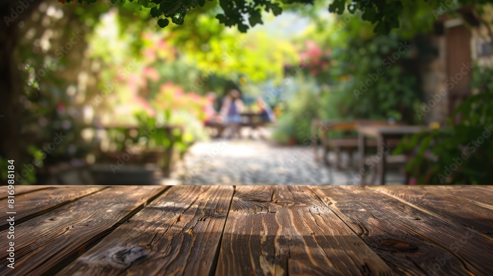 Fototapeta premium A rustic wooden table on a serene outdoor patio, 