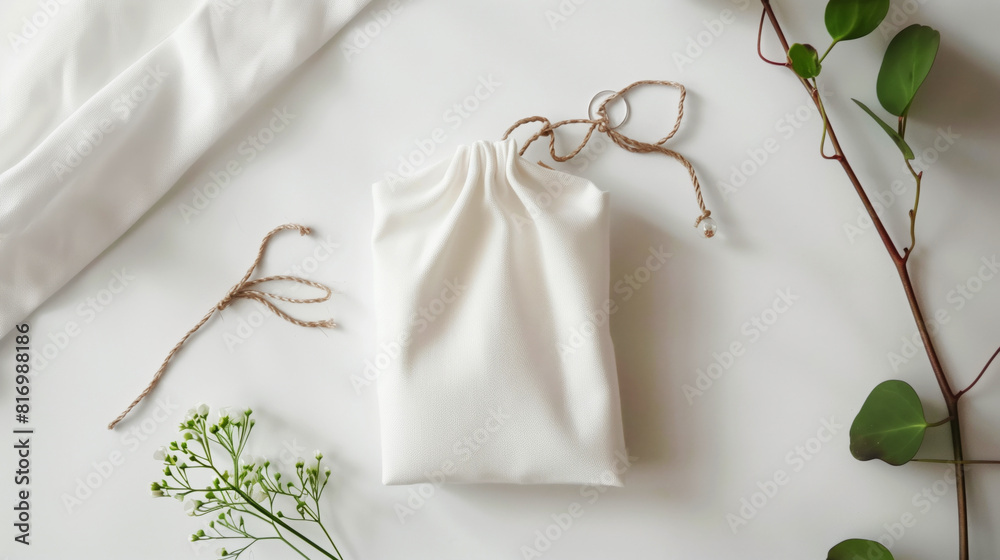 A mockup featuring a white drawstring bag on a white surface, surrounded by green leaves and small white flowers. The arrangement exudes a minimalist and natural aesthetic. A mockup featuring a white drawstring bag on a white surface, surrounded by green leaves and small white flowers. The arrangement exudes a minimalist and natural aesthetic.