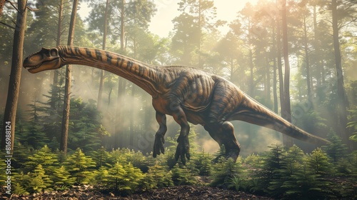 Diplodocus in dense forest with morning sunlight breaking through trees. Majestic dinosaur with elongated neck and detailed texture. Misty  serene environment evoking ancient times.