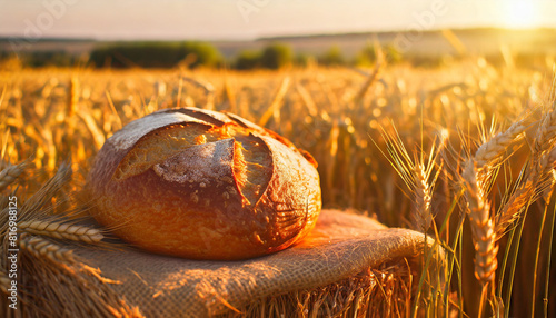Freshly baked bread lying on wooden table outdoor near wheat field. Bakery product
