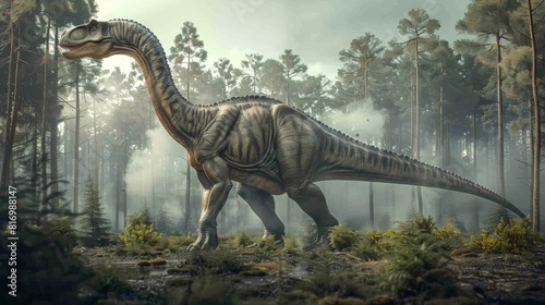 Diplodocus in misty forest with tall trees. Long-necked dinosaur with detailed skin texture. Sunlight breaking through fog creating mysterious  tranquil prehistoric scene.