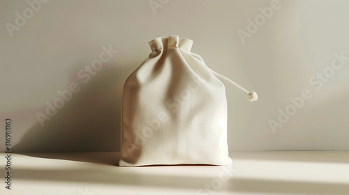 A minimalistic mockup of a drawstring fabric bag set on a neutral background. The bag is closed with a knotted rope, ideal for presenting branding or packaging designs.