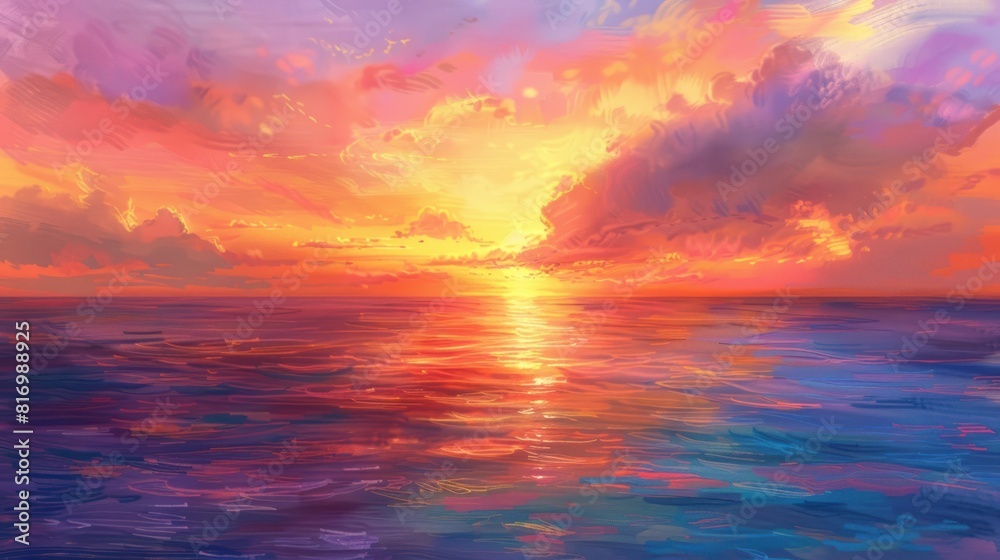 Fototapeta premium sunset over a calm ocean, with the sky ablaze in hues of orange, pink,