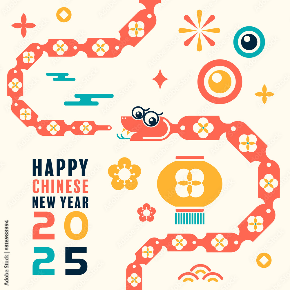 Happy chinese new year 2025 the snake zodiac sign with minimal trendy design modern flat geometric elements red paper cut style on color background. 