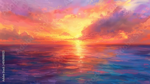 sunset over a calm ocean, with the sky ablaze in hues of orange, pink,