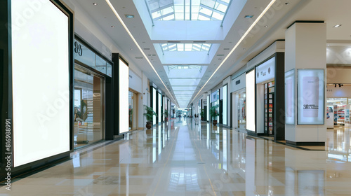 An empty, modern shopping mall corridor with polished floors, bright lighting from skylights, and blank billboard displays ideal for advertising mockups.