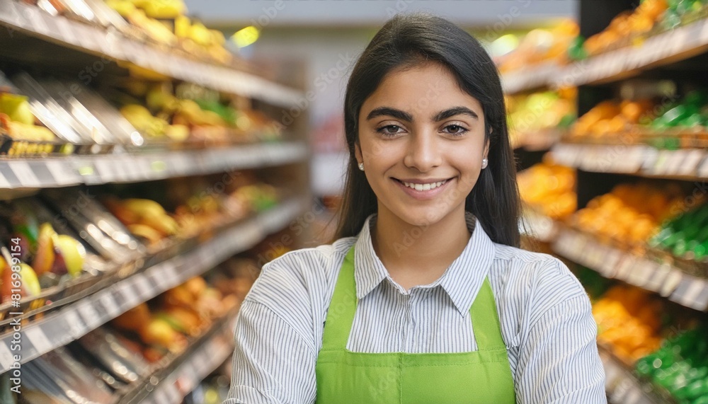 Warm Welcome: Smiling Young Female Supermarket Worker