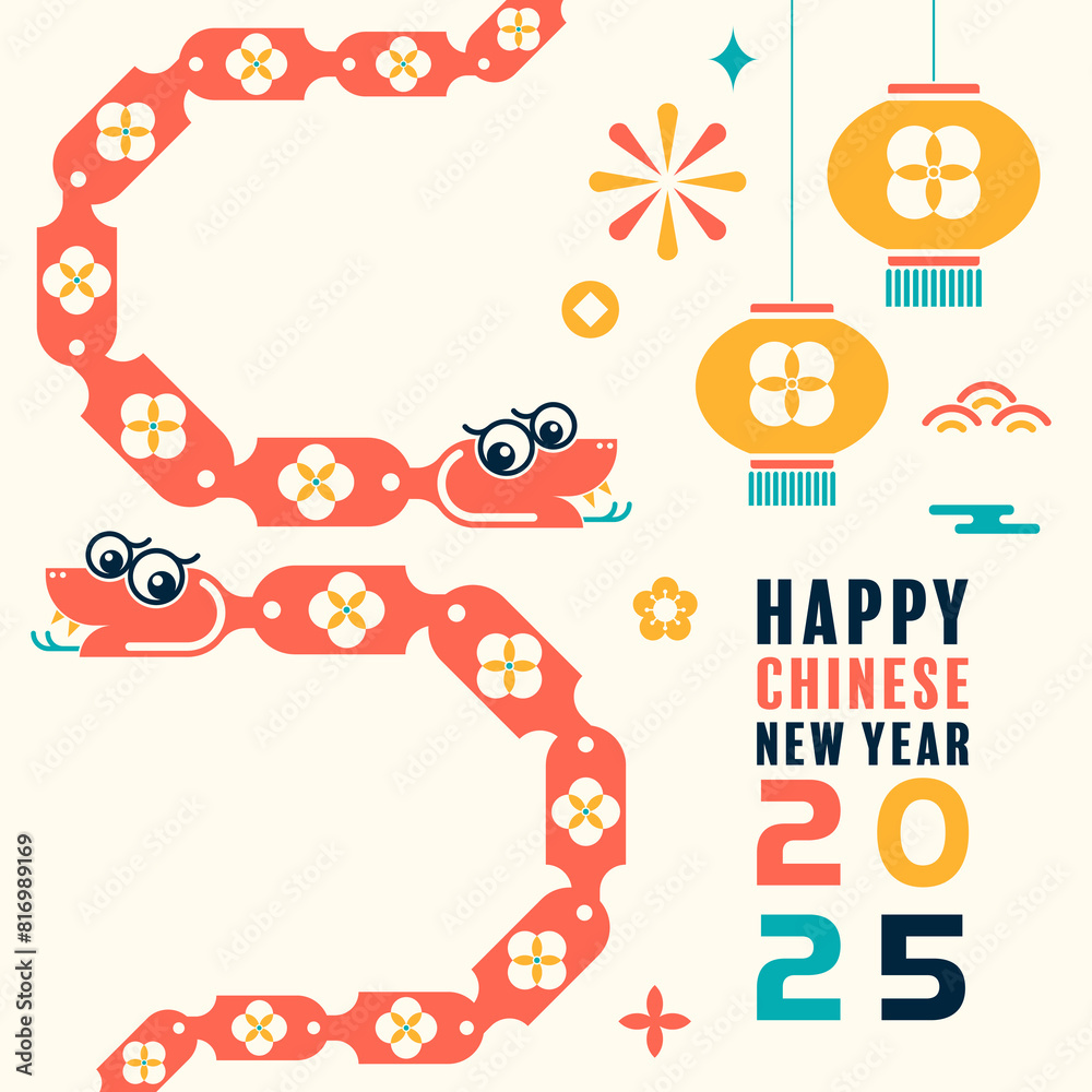 Happy chinese new year 2025 the snake zodiac sign with minimal trendy design modern flat geometric elements red paper cut style on color background. Happy chinese new year 2025 the snake zodiac sign with minimal trendy design modern flat geometric elements red paper cut style on color background.