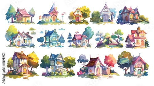 Charming Watercolor of Whimsical Cottages and Homes in Idyllic Countryside Landscapes