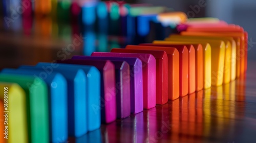 A line of colorful dominoes falling in a spiral pattern, creating a mesmerizing effect, rule of thirds composition, sharp focus © ishootgood