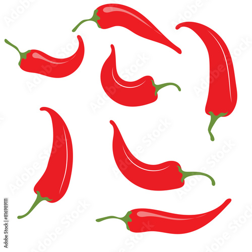 Chili hot pepper icon set. Fresh red chili cayenne peppers. Hot food spices. Sticker print template. Flat design. Isolated on White background.   Vector illustration. EPS 10