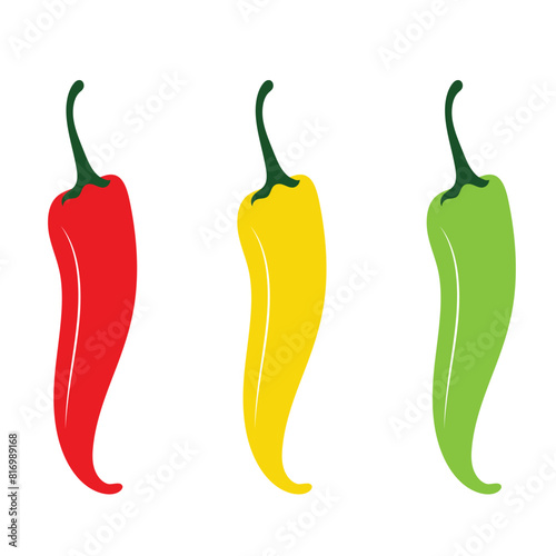 Chili hot pepper icon set. Fresh red chili cayenne peppers. Hot food spices. Sticker print template. Flat design. Isolated on White background.   Vector illustration. EPS 10