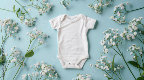 Blank white cotton baby short sleeve bodysuit on pastel blue background with white flowers. Top view