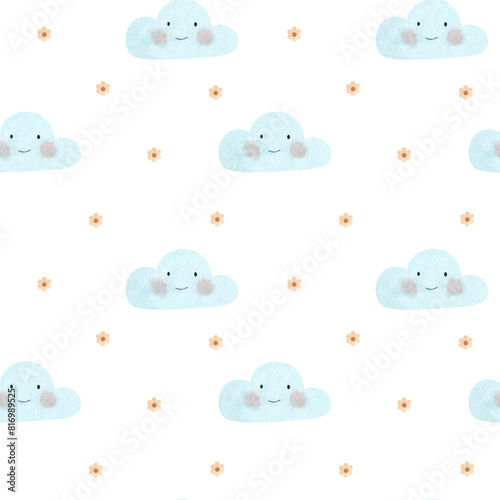 Seamless watercolor pattern with cute clouds and stars on a white background