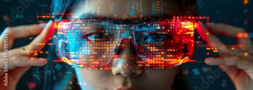 Close-up of a young woman using augmented reality glasses to examine binary code, with vibrant red and blue digital overlays representing data analysis