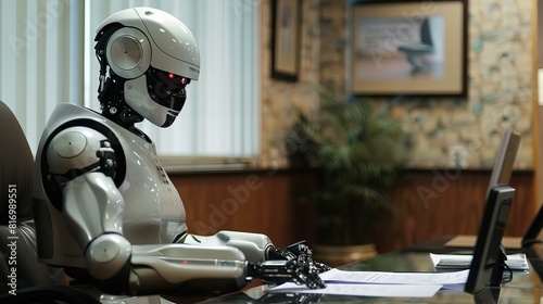 android robot working in an office and browsing some papers, futuristic AI humanoid technology, replacing people at workplaces photo