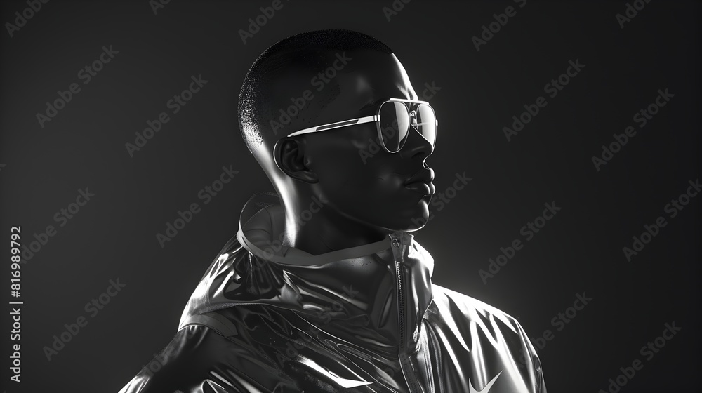 Futuristic Silhouetted Athlete with Chrome Jacket and Glasses on Dark Background Futuristic Silhouetted Athlete with Chrome Jacket and Glasses on Dark Background