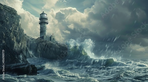 A lonely, forgotten lighthouse on a rocky cliff, set against a stormy sea. Golden ratio composition,