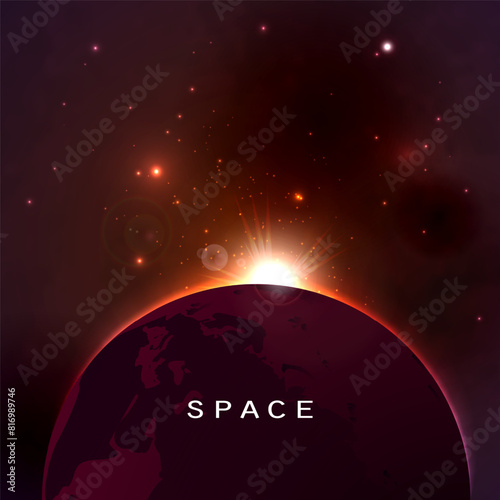 Space vector background, abstract planet silhouette and sunrise.

