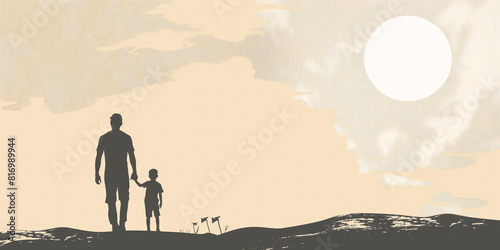 peaceful sunset silhouette of father and son walking together in a calm nature setting