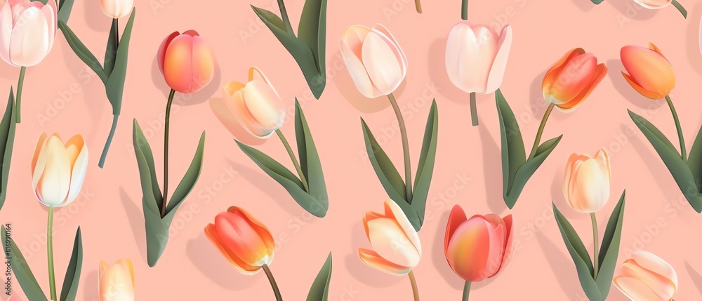 The image is a pattern of orange and pink tulips on a pink background. The tulips are arranged in a repeating pattern. The image is a pattern of orange and pink tulips on a pink background. The tulips are arranged in a repeating pattern.