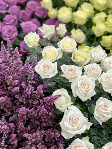 A bouquet of white roses and purple flowers. The arrangement is elegant and sophisticated  with the white roses providing a sense of purity and innocence. Generative AI