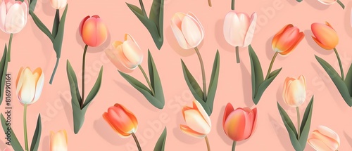 The image is a pattern of orange and pink tulips on a pink background. The tulips are arranged in a repeating pattern. #816990164