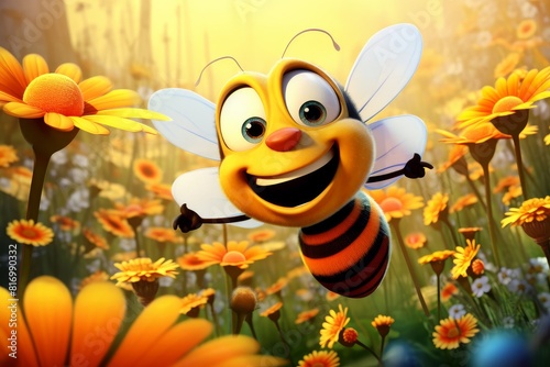 A cartoon bee flies over a meadow with yellow flowers and collects pollen. May 20  World bee day