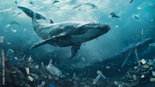 Whale swimming among garbage