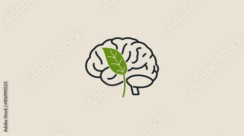 A minimalistic outline of a brain with a single, green leaf growing from it, representing the simplicity and natural growth of ideas, rule of thirds composition, sharp focus