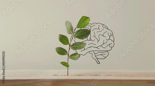 A minimalistic outline of a brain with a single, green leaf growing from it, representing the simplicity and natural growth of ideas, rule of thirds composition, sharp focus