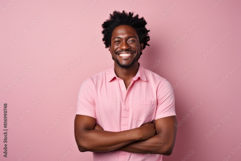 Portrait of a smiling afro-american man in his 30s with arms crossed isolated on pastel or soft colors background Portrait of a smiling afro-american man in his 30s with arms crossed isolated on pastel or soft colors background