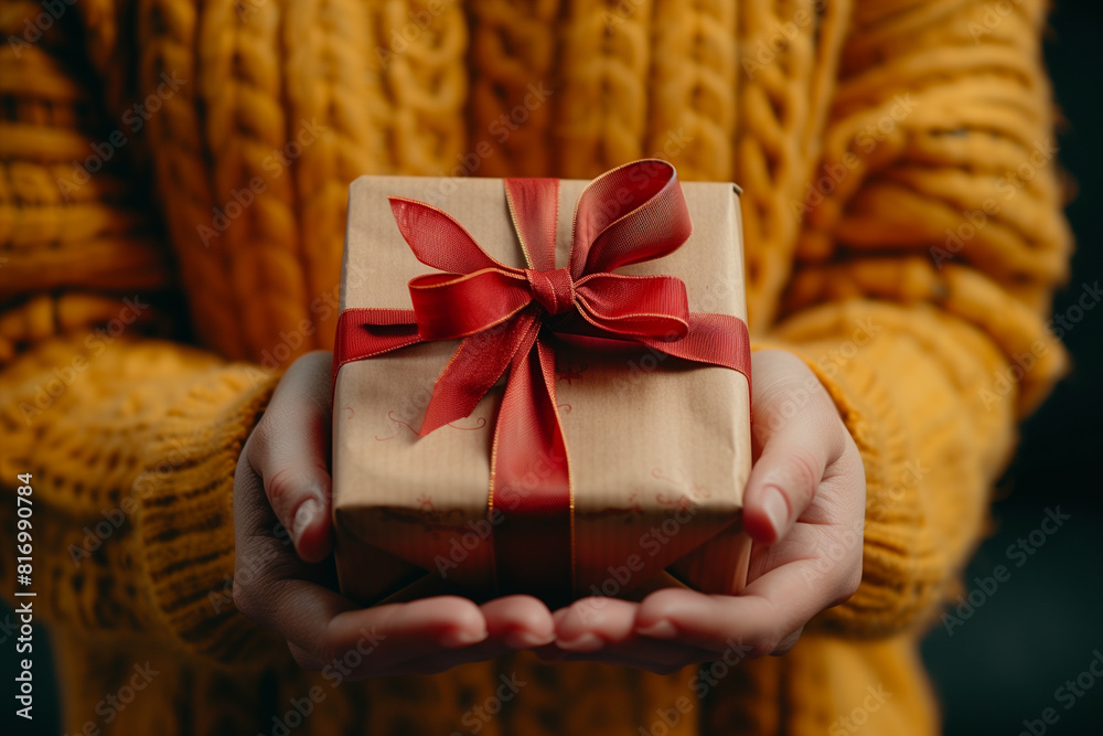 Closeup of hands holding a gift box with a ribbon, copy space for text. Closeup of hands holding a gift box with a ribbon, copy space for text.