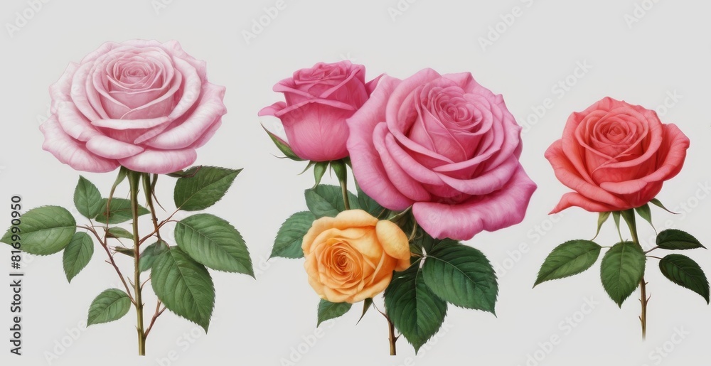 Set of pink and yellow roses with leaves isolated on white background. Set of pink and yellow roses with leaves isolated on white background.