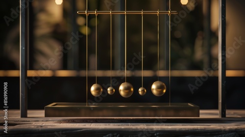 A Newton's cradle with one ball about to strike, demonstrating the transfer of energy, golden ratio composition, sharp focus, 8k resolution photo