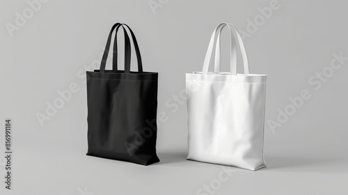 This image features two tote bags, one black and one white, set against a plain grey background. The bags have a minimalist design and are ideal for showcasing branding or designs.