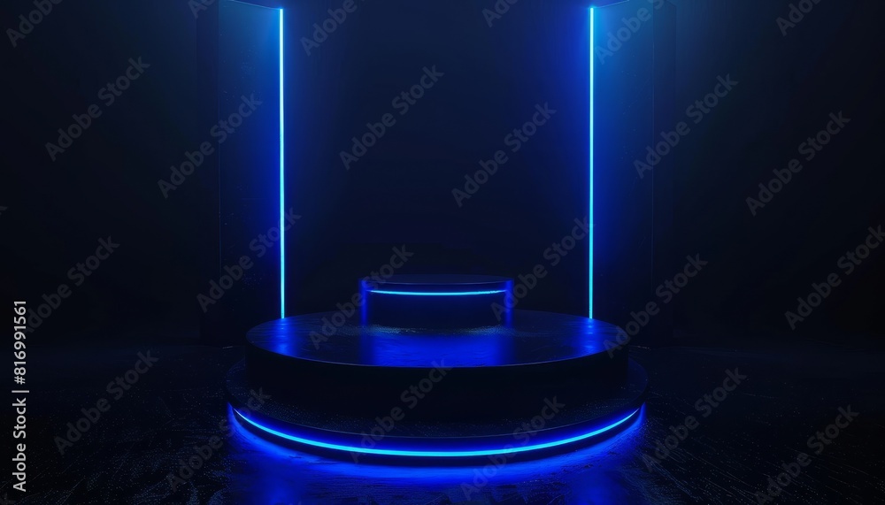 A dark 3D podium illuminated by blue neon lights, creating a mysterious and atmospheric setting suitable for showcasing products in a gaming or show environment A dark 3D podium illuminated by blue neon lights, creating a mysterious and atmospheric setting suitable for showcasing products in a gaming or show environment
