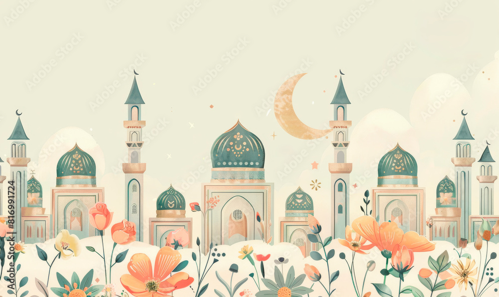 Fototapeta premium Cute flat vector illustration of mosque and flowers