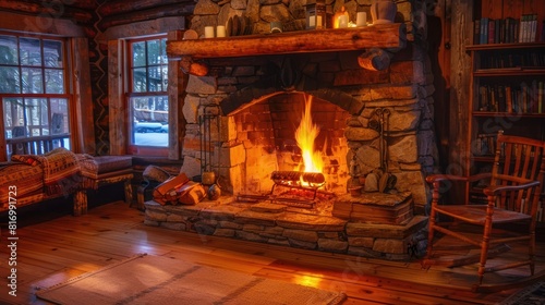 fireplace in a cozy cabin  with warm firelight illuminating the room.