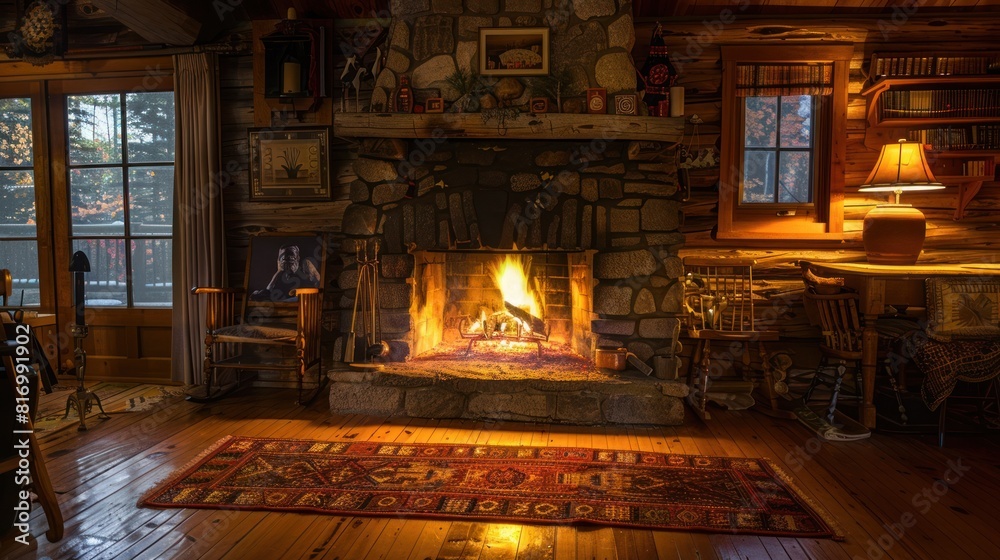 fireplace in a cozy cabin, with warm firelight illuminating the room. fireplace in a cozy cabin, with warm firelight illuminating the room.