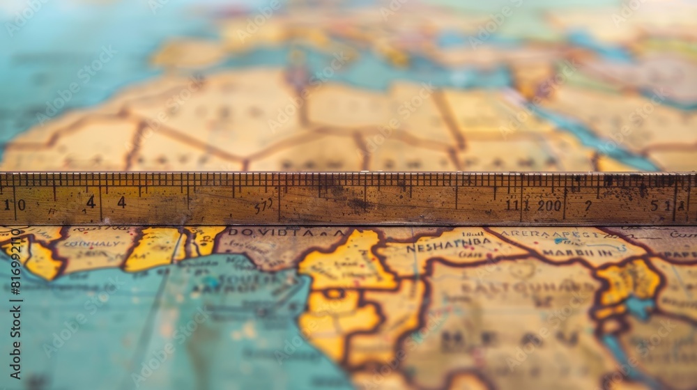 A ruler measuring the distance between two points on a map ...